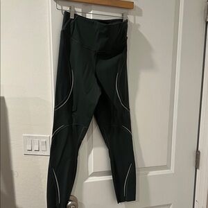 Olive Green Athletic Leggings with Reflective Accents